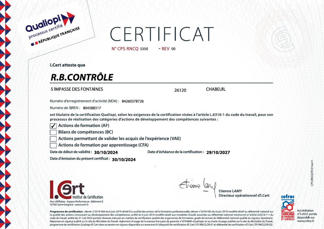 Certificat Qualiopi de R.B. Contrôle